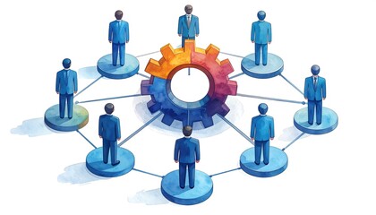 A group of blue suited figures connected to a large gear