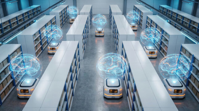 Autonomous robot artificial intelligence warehouse logistics automation technology storage innovation digital efficiency futuristic warehouse with autonomous robots using artificial intelligence
