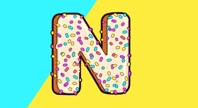 Vibrant cartoon letter N, resembling a delicious sprinkle-covered donut or cookie, on a cheerful split blue and yellow background. Playful alphabet art for kids.