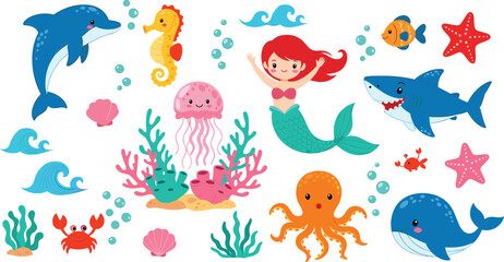 Cute underwater sea life collection with mermaid, dolphin, shark, octopus, jellyfish, starfish, coral reef, and ocean animals vector illustration set © MstMukta
