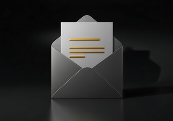 Gray envelope with white paper and gold lines on black background office correspondence and communication