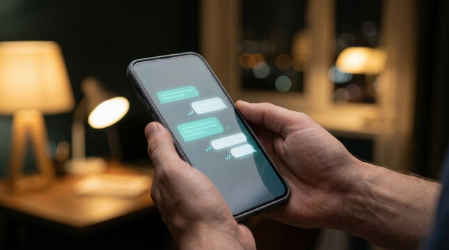 Man hand smartphone chat message screen technology communication texting mobile digital device conversation app night indoor lamp desk modern lifestyle internet social connection holding