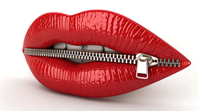 3D render of glossy red lips with metallic zipper isolated on white background