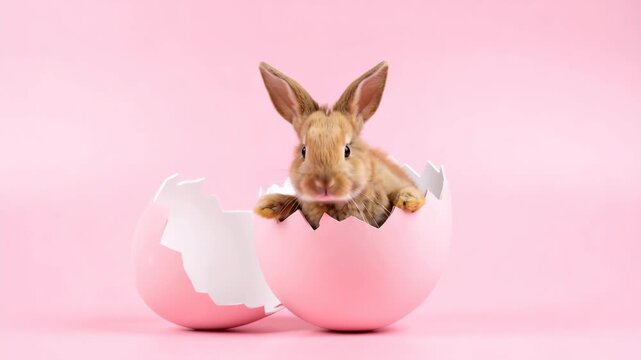 Cute brown baby rabbit sitting inside a large broken pink egg shell on a pastel pink background