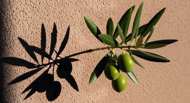 Olive branch with green olives on textured wall
