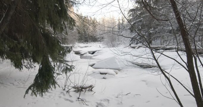 Tranquil, partially frozen river flowing through a snow-covered forest during winter, Matarinkoski, Vantaa, Finland, Europe.