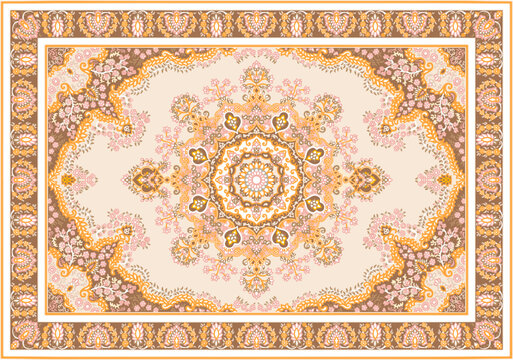 Ornate Persian Carpet Pattern With Golden Floral Mandala