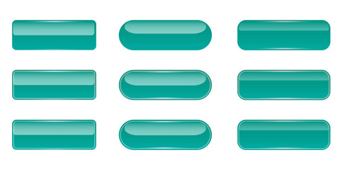 Obraz premium Turquoise glossy vector web button set. Blank teal UI elements with glass effect and metallic borders. Collection of rectangular and rounded rectangular shapes for web design isolated on white.