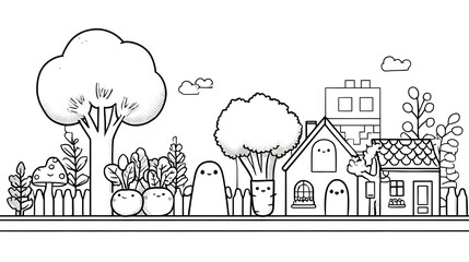 Naklejka premium Charming miniature world featuring anthropomorphic vegetable characters like a tomato kid broccoli baby and carrot girl living together in a vibrant tiny garden city illustrated with simple