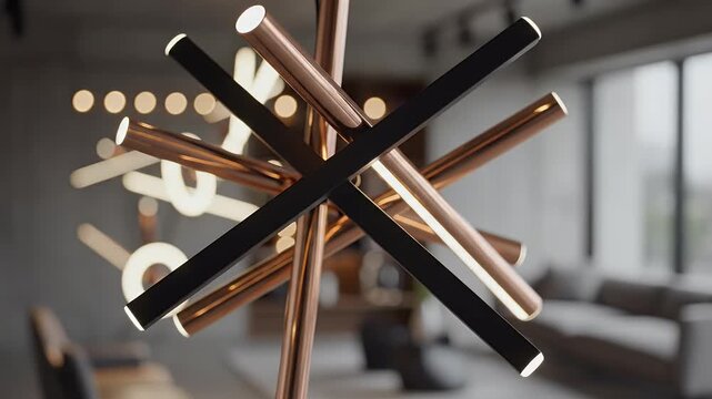 A modern light fixture with intersecting black and copper bars emitting light