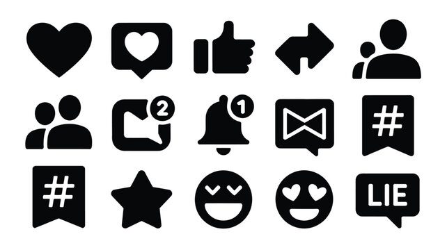 Social media engagement icons set with hearts thumbs up comments notifications on white background for digital communication