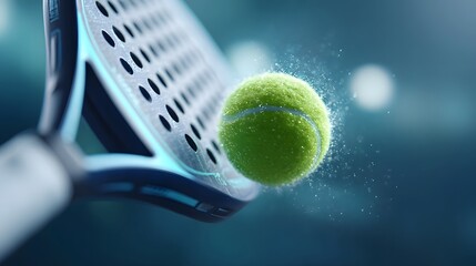 Fototapeta premium Dynamic close up of a green padel ball smashed by a modern racket Deformation particles and motion blur show speed and athletic power Dramatic studio lighting and blurred blue background