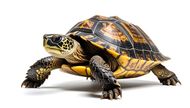 A close-up studio shot of a box turtle. The shelled reptile stands with its head lifted on a pure white background