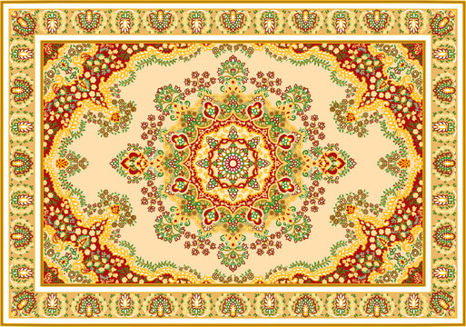 Ornate Persian Carpet Pattern With Golden Floral Mandala