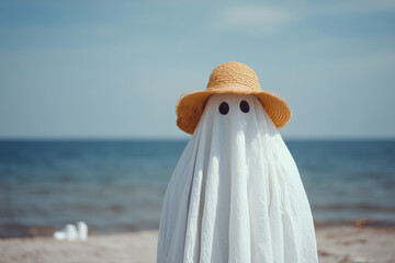 Funny person in a white ghost costume wearing a straw hat on a sunny beach, creative summer Halloween and tropical vacation concept