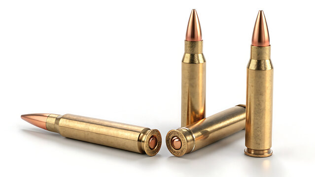 Three golden rifle cartridges standing upright on white background, ammunition close-up