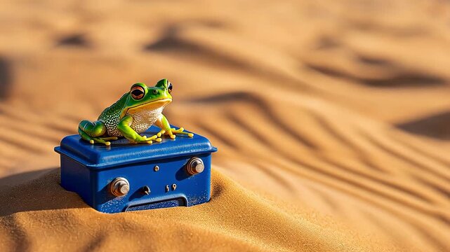 A frog is perched on a blue box in a sandy area under sunlight in a desert setting