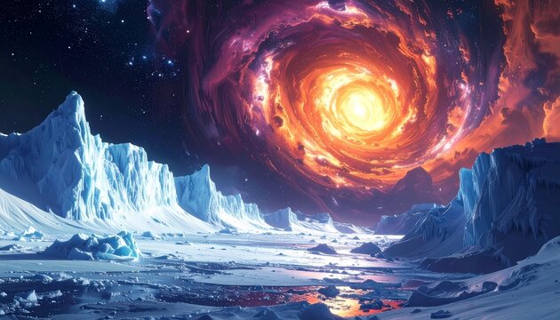 Stunning Celestial Vortex Over Frozen Glaciers and Icebergs