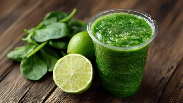 Refreshing Green Elixir: A vibrant green smoothie, accompanied by fresh spinach leaves and zesty lime halves, sits on a rustic wooden table, representing health and vitality.