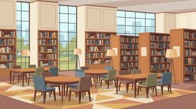 Modern Public Library Interior with Bookshelves Study Tables and Large Windows