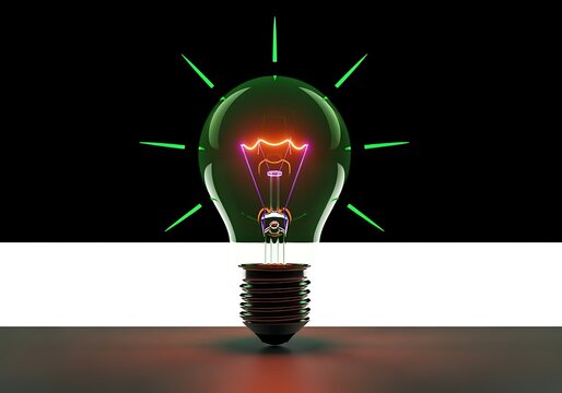 Illuminated green light bulb with glowing orange filament and green rays on black and white background