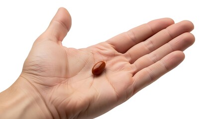 Hand holding a single brown pill.
