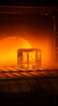Unmelted Ice Cube Remaining Solid Inside Glowing Red Hot Industrial Oven