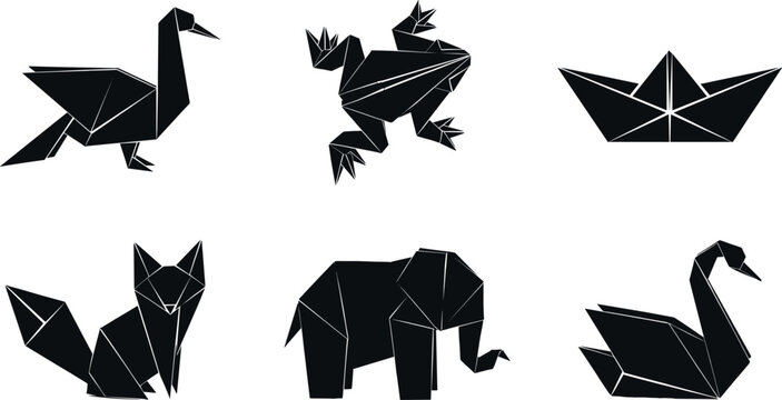 Black origami animals and paper boat silhouettes set including swan frog fox elephant geometric polygon fold art icons isolated on white background