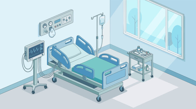 Modern isometric hospital ward interior with medical monitor bed and iv drip stand