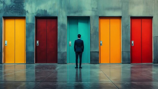 A person in business attire stands before four colorful elevators in a modern building with reflective walls during the day