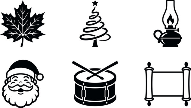 Holiday and tradition icon set featuring maple leaf Christmas tree Santa drum oil lamp and Torah scroll black silhouette symbols