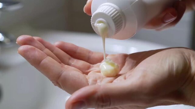 Cream Dispensing from White Bottle onto Hand image photo