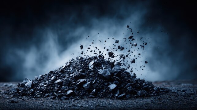Pile of Black Powdered Coal with Dusty Matte Finish and Smoke Exploding Upward