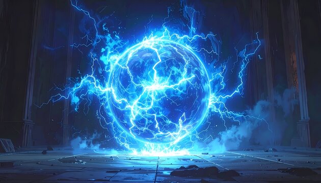 Powerful Blue Electric Energy Orb with Lightning Discharges