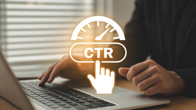 Person interacting with laptop clicking on ctr click through rate marketing analytics icon on screen symbolizing online engagement
