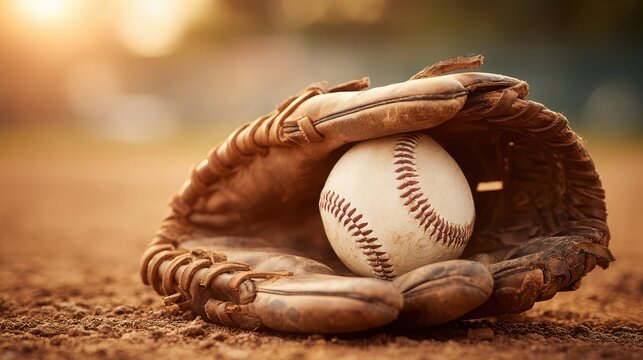 Worn Baseball Glove with Ball Resting Inside on Field During Sunny Day