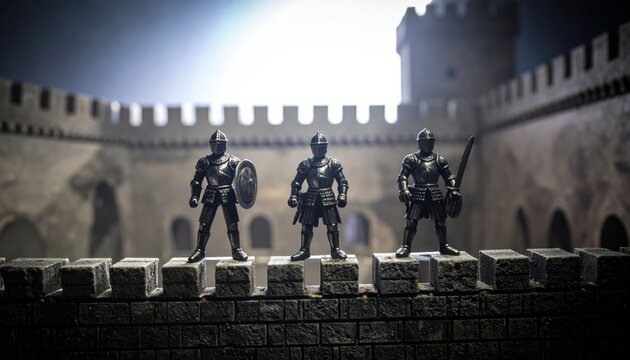 Miniature knights in full plate armor stand guard on a stone battlement with a castle in the background