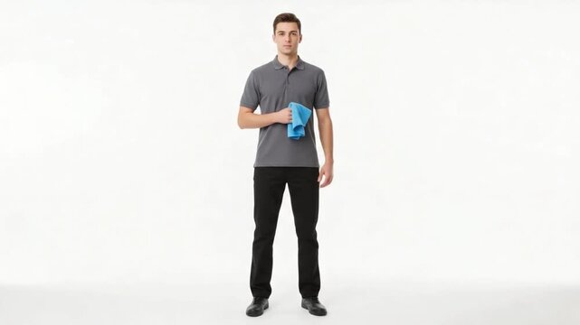 Formal Posing: A well-groomed gentleman stands confidently, with a light blue cloth in his hand, exuding an air of sophistication and understated elegance. 