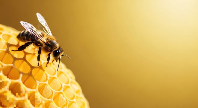 Bee on honeycomb with golden background