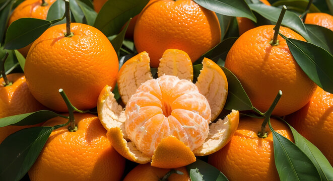 Pile of fresh mandarins with shiny orange peels and attached green leaves