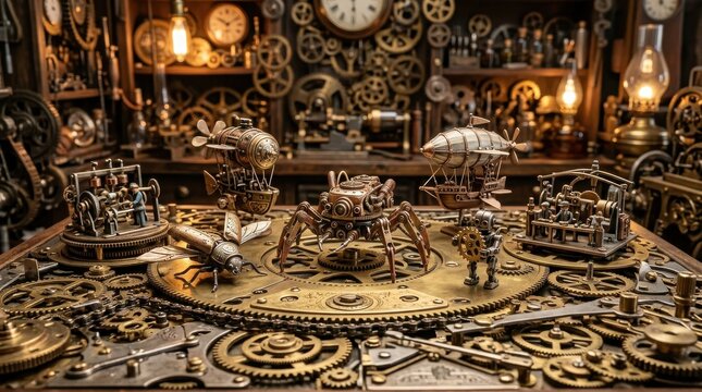 Ornate Miniature Steampunk Mechanical Contraptions and Airships Arranged on a Detailed Gear Surface