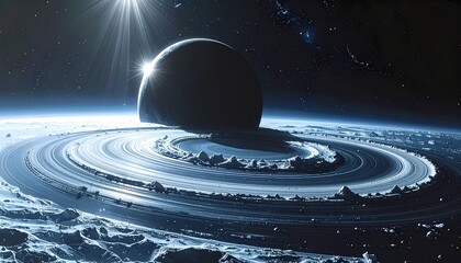 Fototapeta premium Cinematic Outer Space Landscape with Massive Ringed Planet and Stars