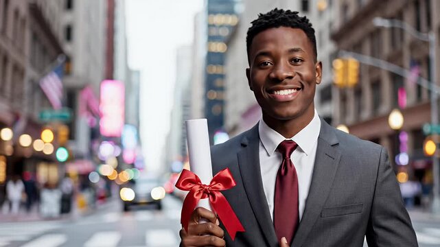 Young man in suit holds diploma with red ribbon on city street