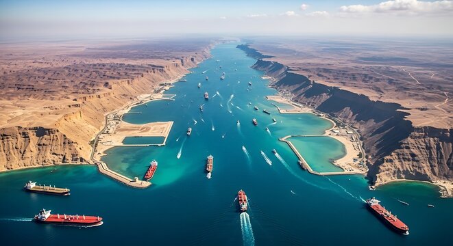 Aerial view of the Suez canal with cargo ships navigating the historic waterway.