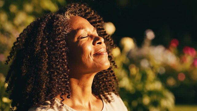 A serene portrayal of a woman bathed in sunlight, radiating peace and contentment. Capturing the essence of inner peace and the beauty of natural light.