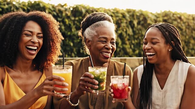 Three generations of women sharing drinks and laughter, creating a heartwarming scene filled with connection and joy. A picture of pure familial bliss.