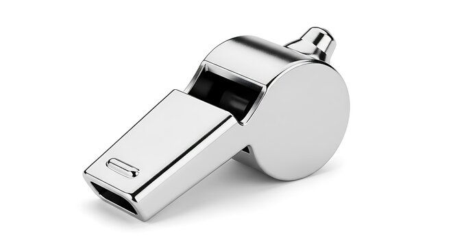 Silver metal sports referee whistle tool.