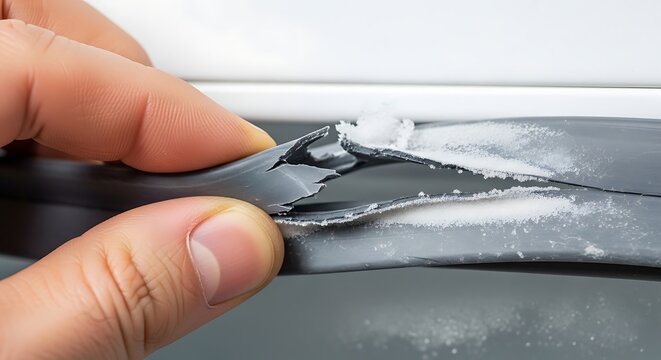 Close up of damaged washing machine door seal being inspected by a hand.