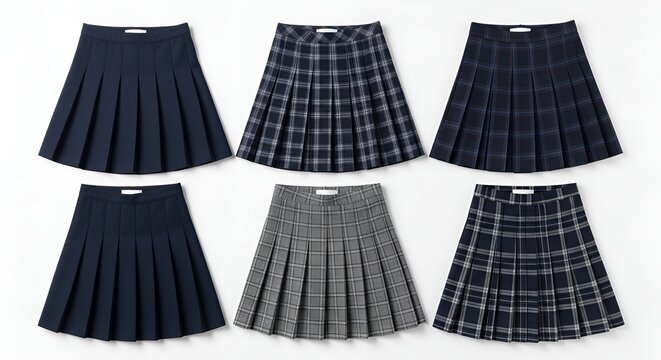 Plaid and solid color pleated skirts.