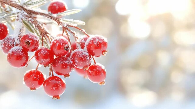 Crimson Berries in Winter: A cluster of vibrant red berries glistens with a dusting of snow, clinging delicately to a frosted branch, against a soft, out-of-focus winter landscape.